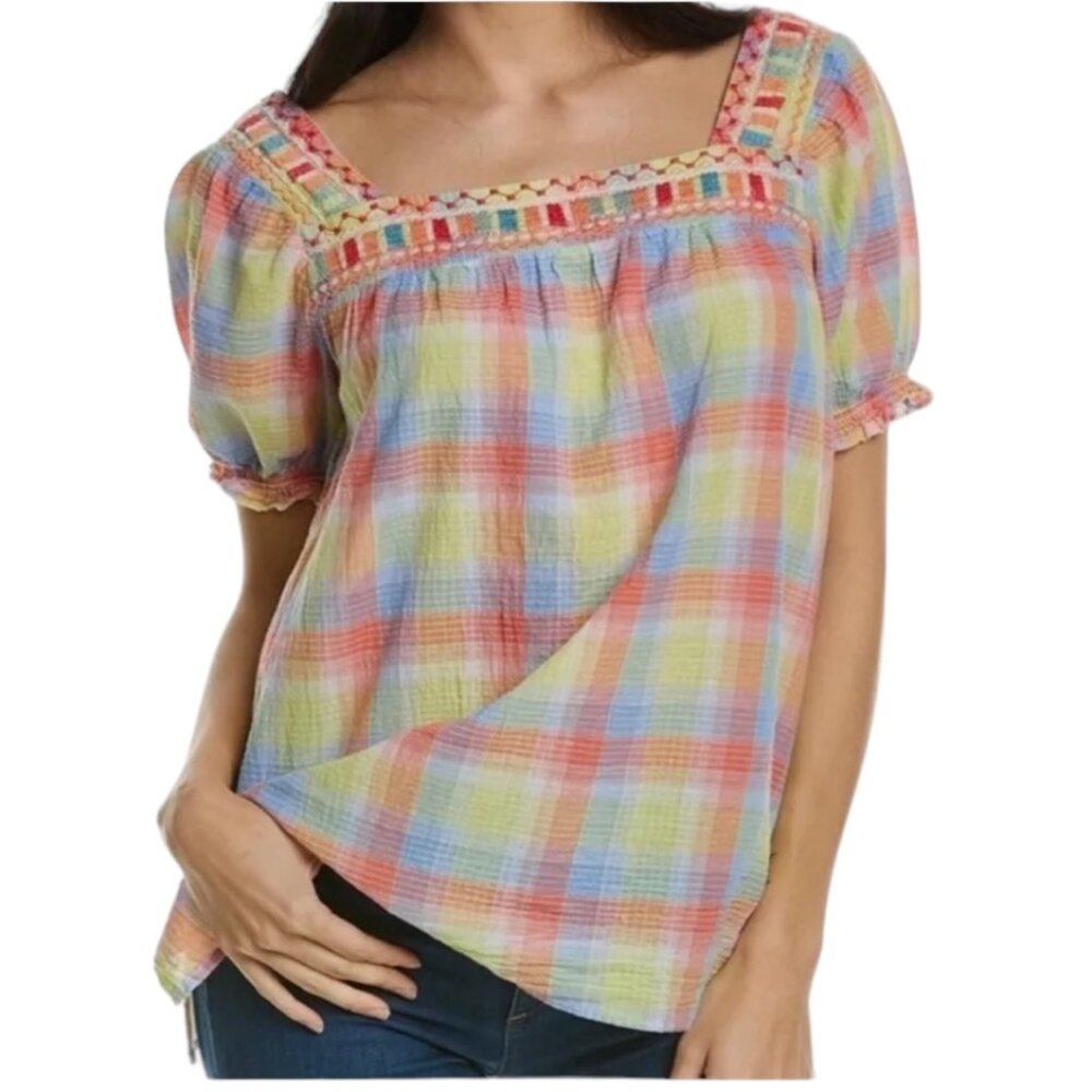 JOHNNY WAS Delacey Puff Sleeve Peasant Embroidered Bohemian Style Top, Size XS